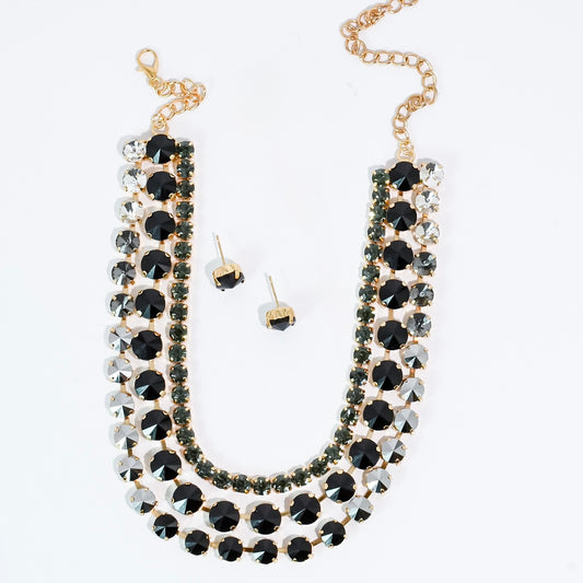 Black Three Strand Crystal Jewelry Set