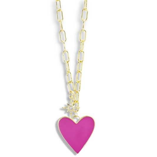 Enamel Heart/Star Necklace Hot Pink J5