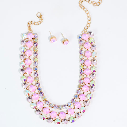Light Pink  Three Strand Crystal Jewelry Set