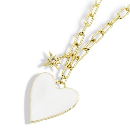 Enamel Heart/Star Necklace White I-59