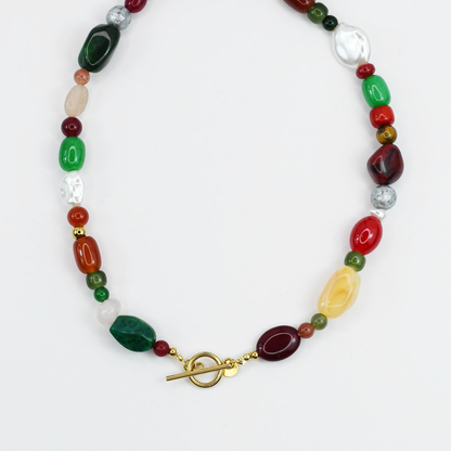 Colorful charms gold necklace featuring gemstone details, layered jewelry design, trendy accessory for women’s jewelry collections, boutique wholesale fashion necklace that is hypoallergenic, tarnish free, and waterproof jewelry with a cute aesthetic statement style