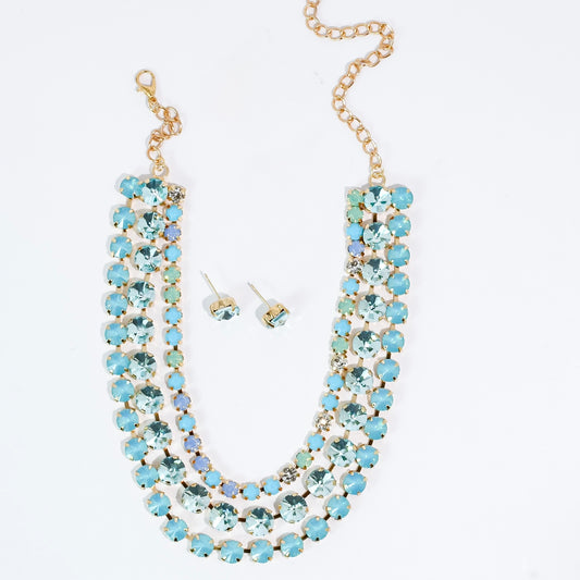 Light Blue Teal three Strand Crystal Jewelry Set