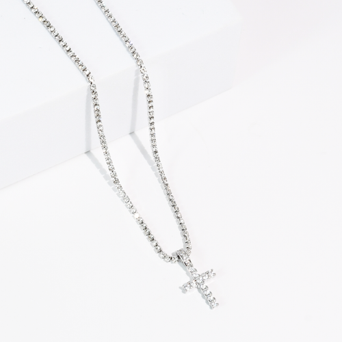 Divine Crystal Cross Silver Necklace