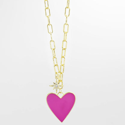 Enamel Heart/Star Necklace Hot Pink J5