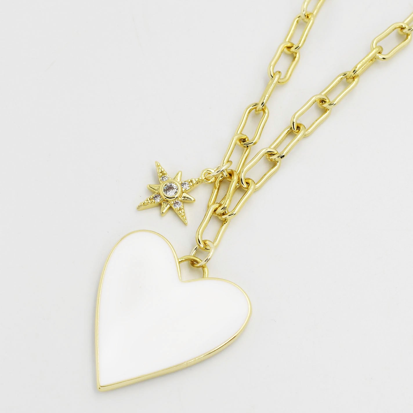 Enamel Heart/Star Necklace White I-59