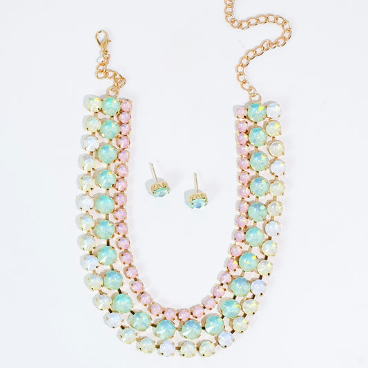 Multi Pastel  three Strand Crystal Jewelry Set