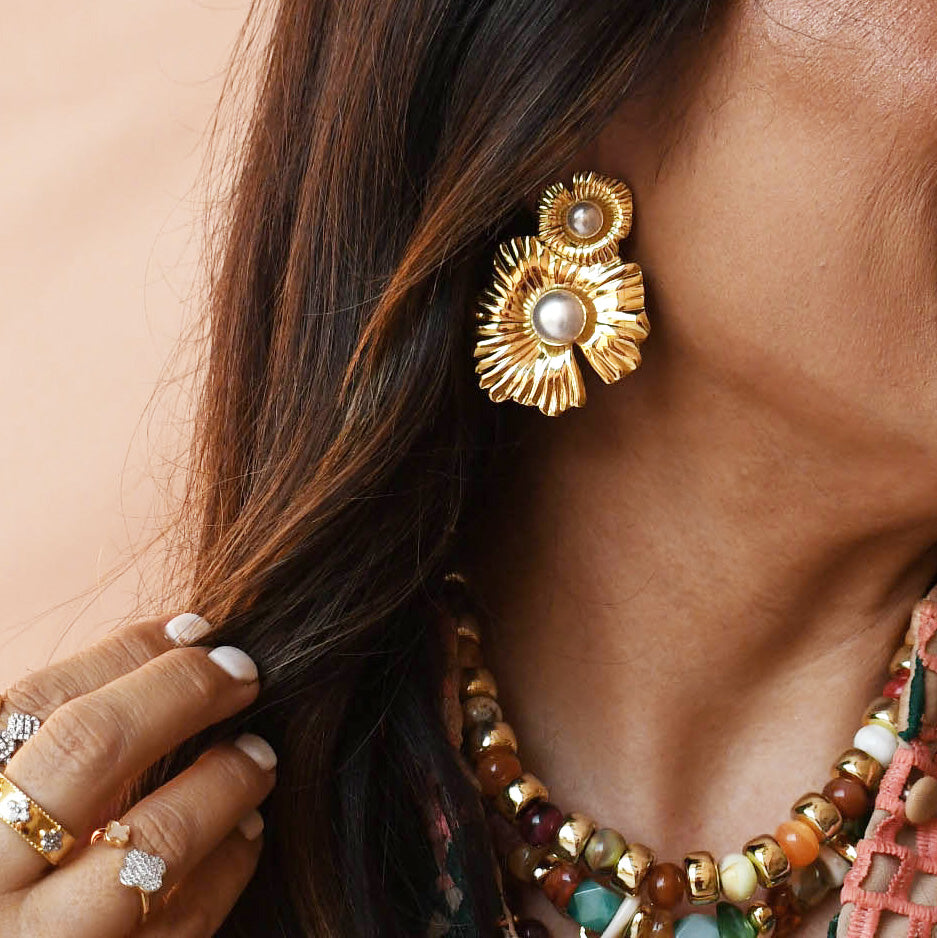 Golden Pearl Bloom Earrings