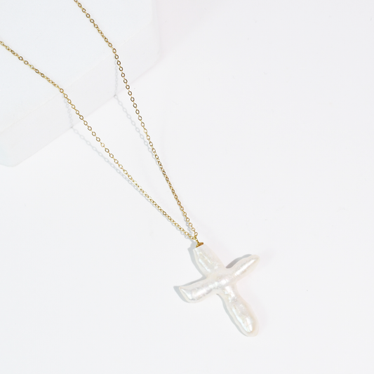 Heavenly Pearl Cross Necklace Gold