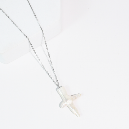 Heavenly Pearl Cross Necklace Silver
