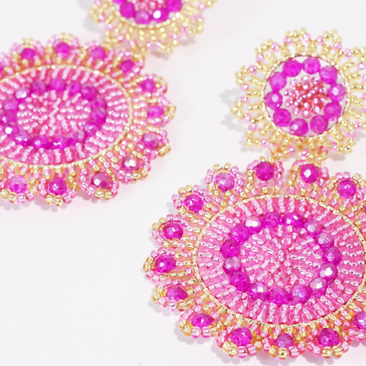 Hot Pink Bloom Beaded Earrings