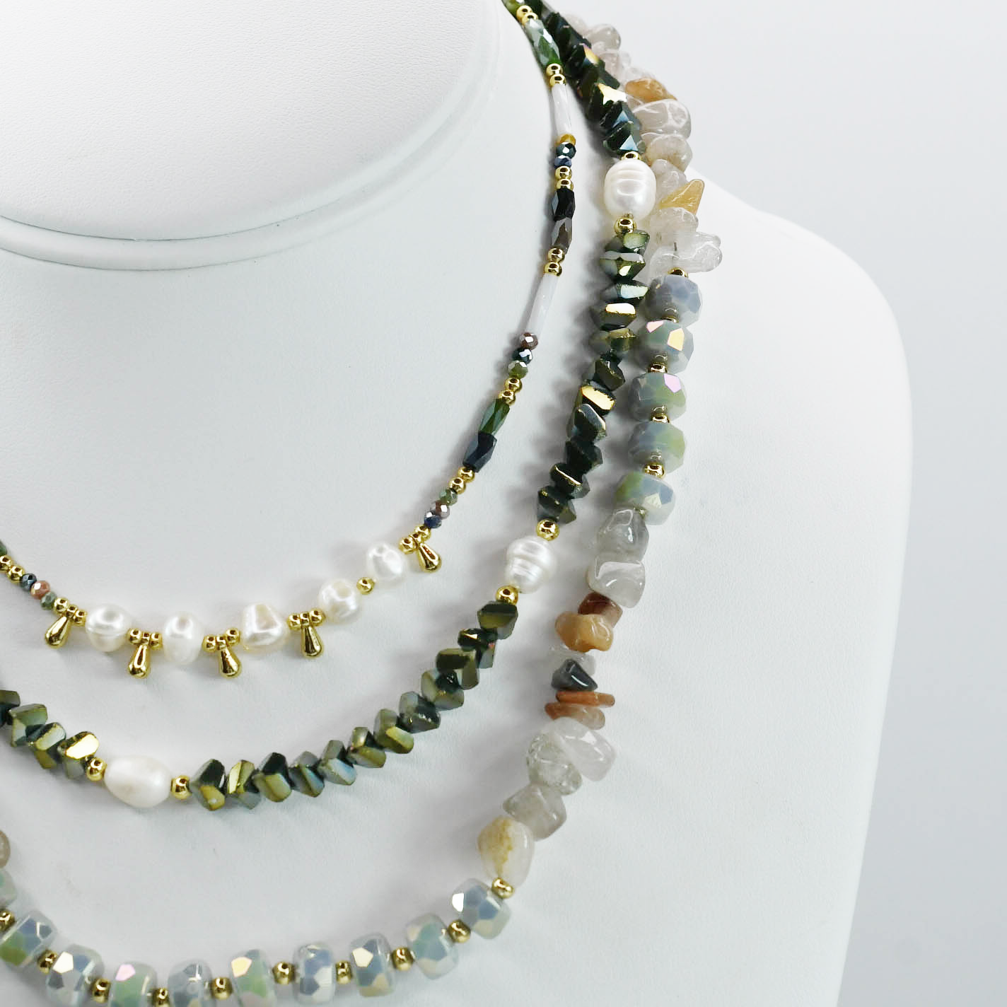 Colorful charms gold necklace featuring gemstone details, layered jewelry design, trendy accessory for women’s jewelry collections, boutique wholesale fashion necklace that is hypoallergenic, tarnish free, and waterproof jewelry with a cute aesthetic statement style