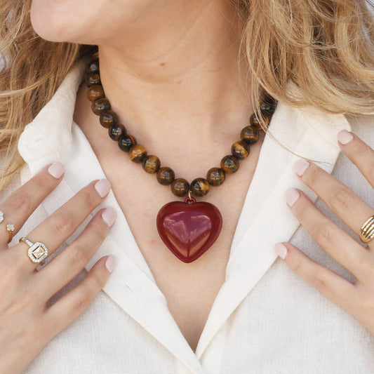 Colorful charms gold necklace featuring gemstone details, layered jewelry design, trendy accessory for women’s jewelry collections, boutique wholesale fashion necklace that is hypoallergenic, tarnish free, and waterproof jewelry with a cute aesthetic statement style,tiger eye tones