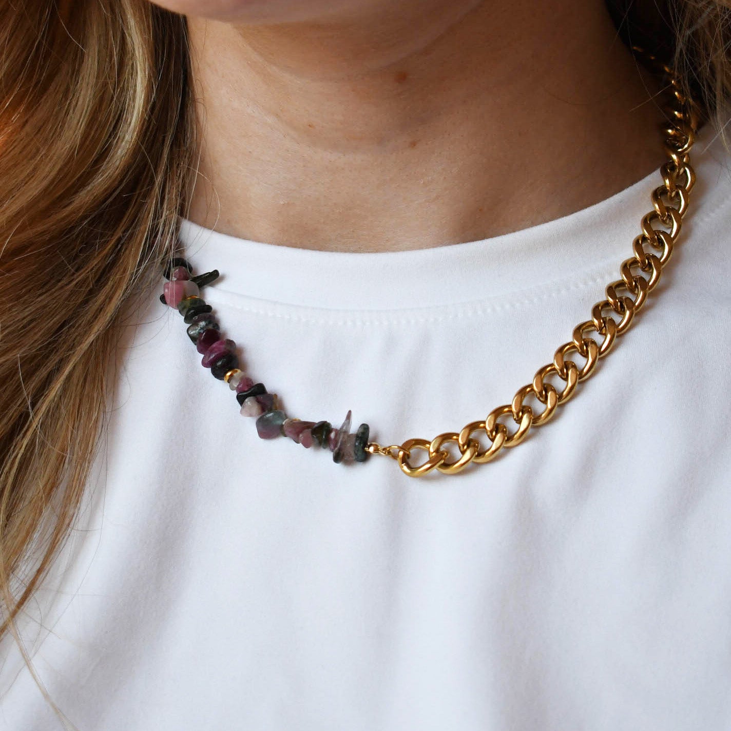 Mauve Stone & Chain Necklace