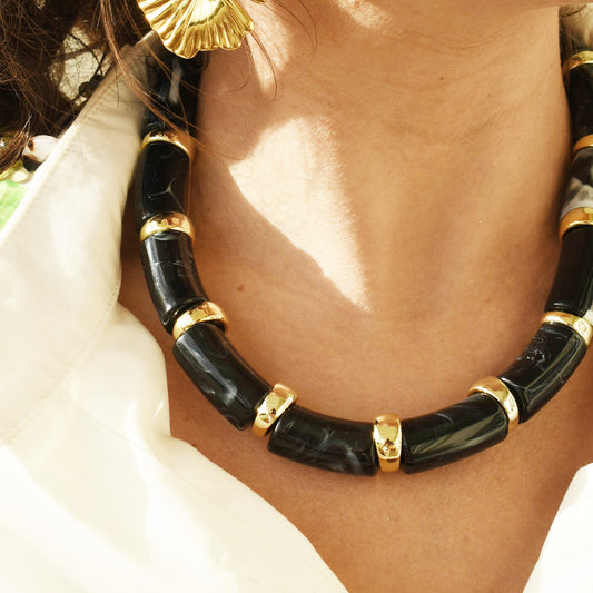 Colorful charms gold necklace featuring gemstone details, layered jewelry design, trendy accessory for women’s jewelry collections, boutique wholesale fashion necklace that is hypoallergenic, tarnish free, and waterproof jewelry with a cute aesthetic statement style,tiger eye tones