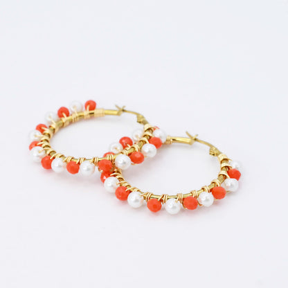 Small Orange/White Beaded Hoop D52