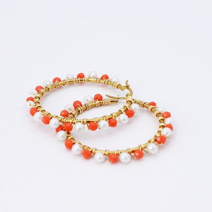 Orange/White Beaded Hoop D54