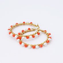 Load image into Gallery viewer, Orange/White Beaded Hoop D54
