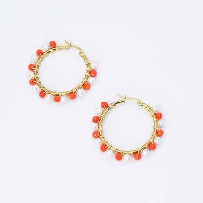 Small Orange/White Beaded Hoop D52