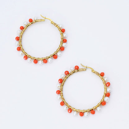 Orange/White Beaded Hoop D54