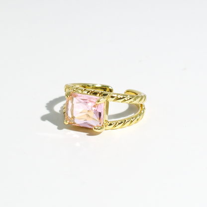 hypoallergenic ring, waterproof ring, tarnish free jewelry, boutique wholesale jewelry, dainty gold ring, gemstone statement ring, sparkly cubic zirconia ring, high quality jewelry gifts, elegant gold plated ring, trendy fashion ring, pastel gemstone ring,pink stone gold ring