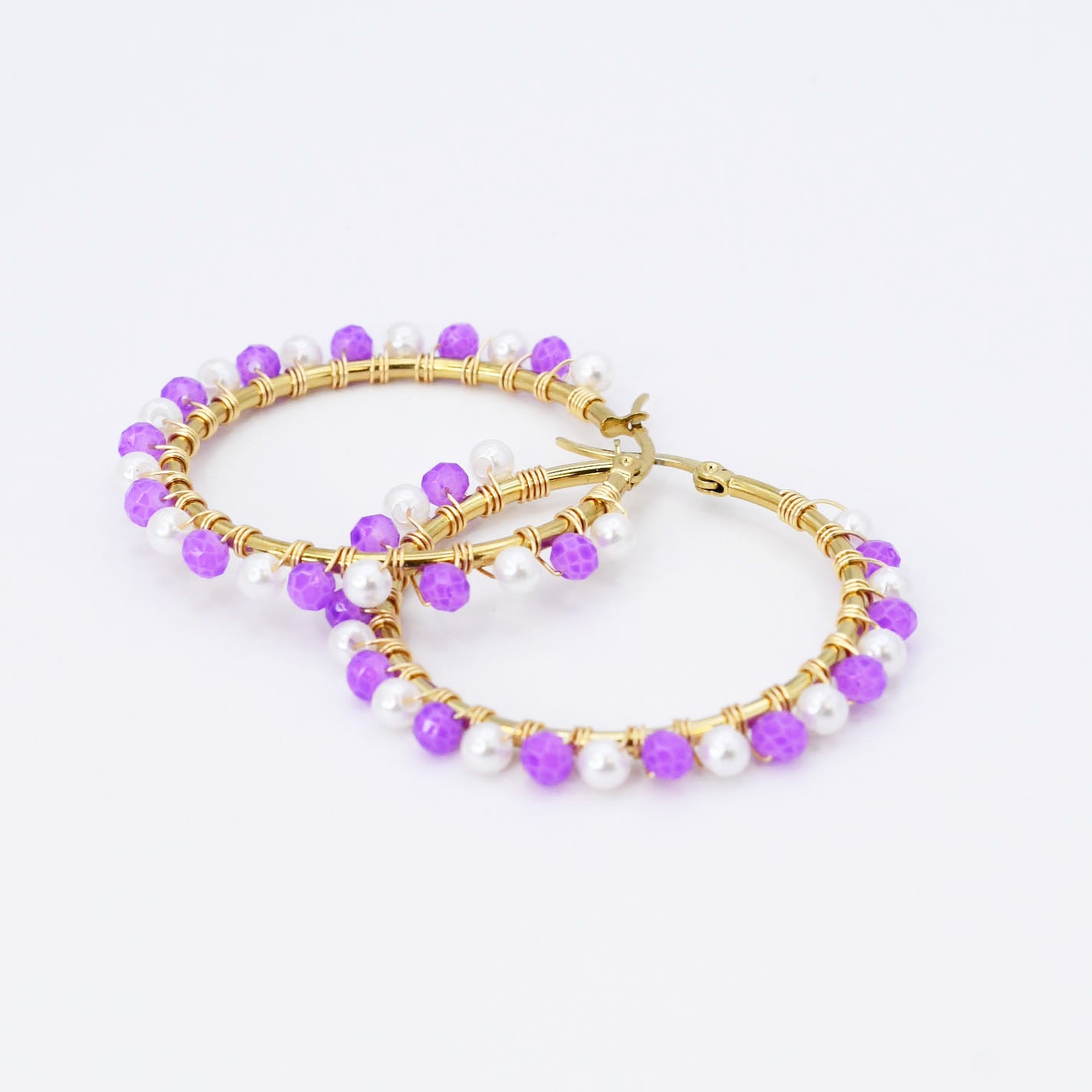 Purple/White Beaded Hoop D54