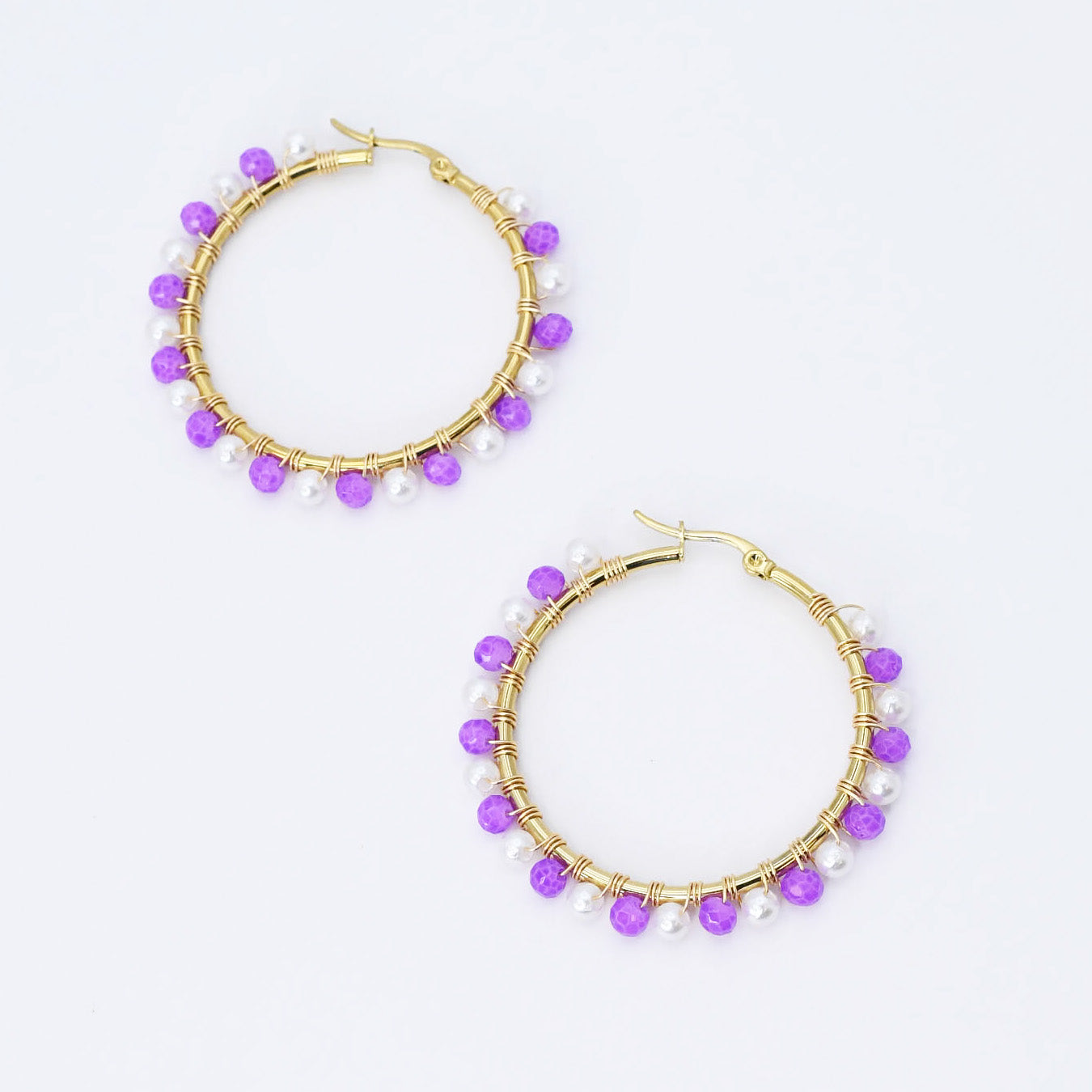 Purple/White Beaded Hoop D54