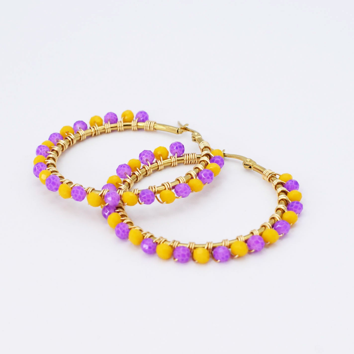 Yellow/Purple Beaded Hoop D54