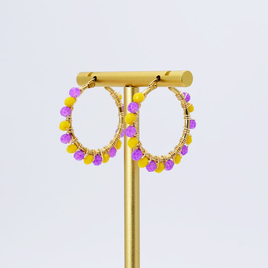 Small Yellow/Purple Beaded Hoop D52