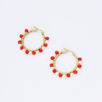 Small Red/White Beaded Hoop D52