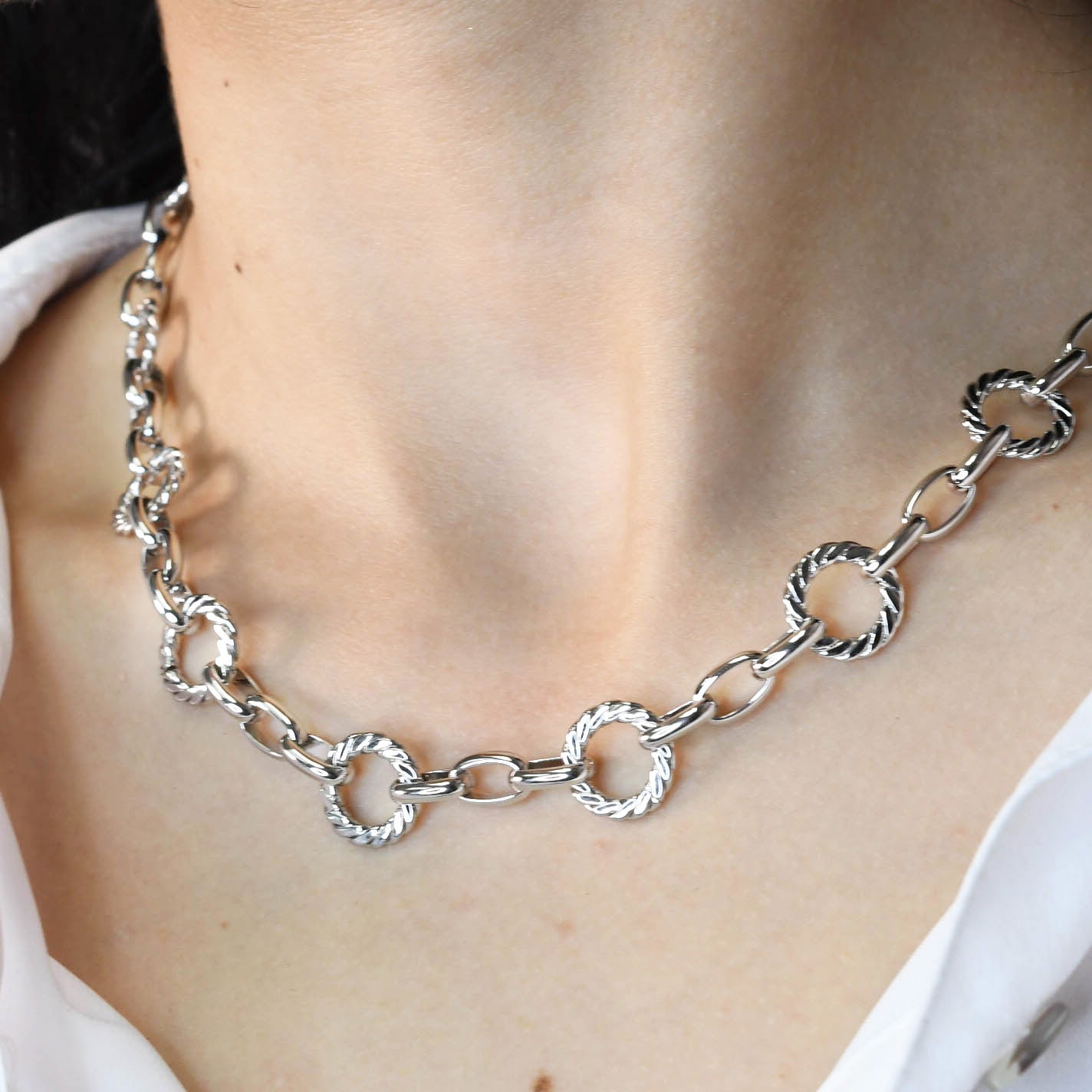 Silver Circle Chain Link Necklace M6