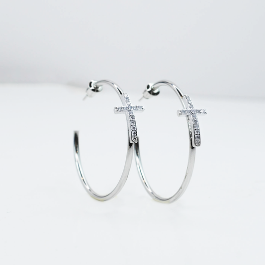 Silver Crossed Grace Hoops