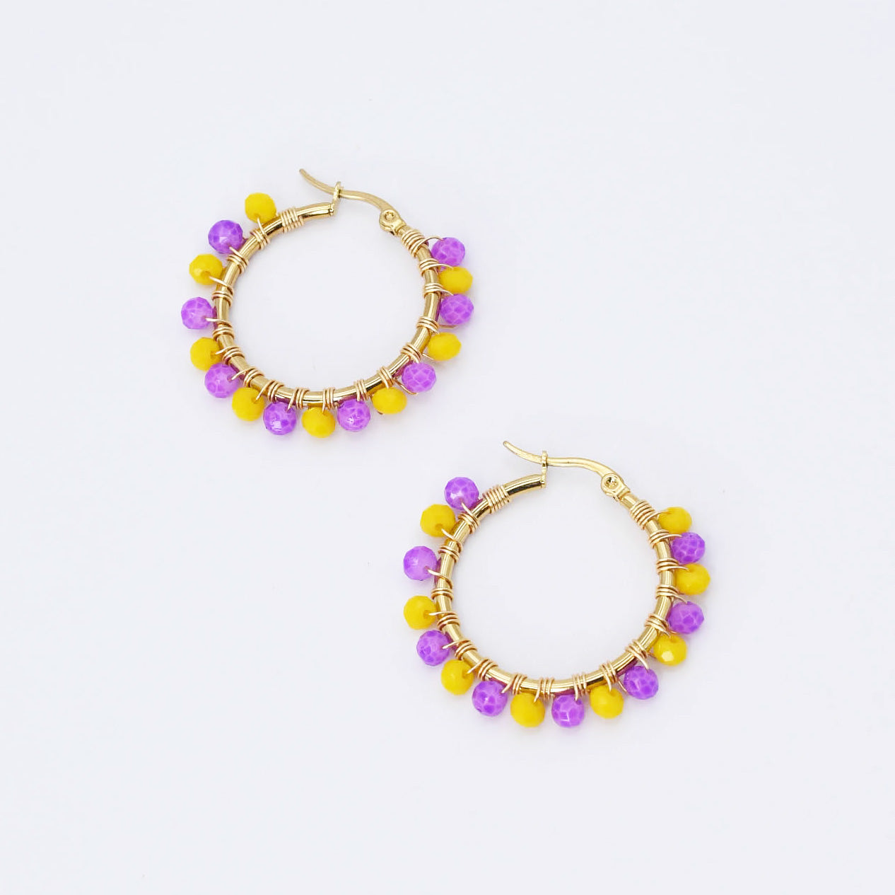 Small Yellow/Purple Beaded Hoop D52