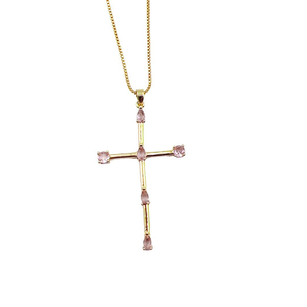 Pink Stone Cross Necklace I-31