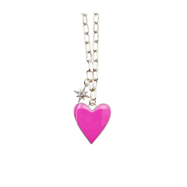 Enamel Heart/Star Necklace Hot Pink